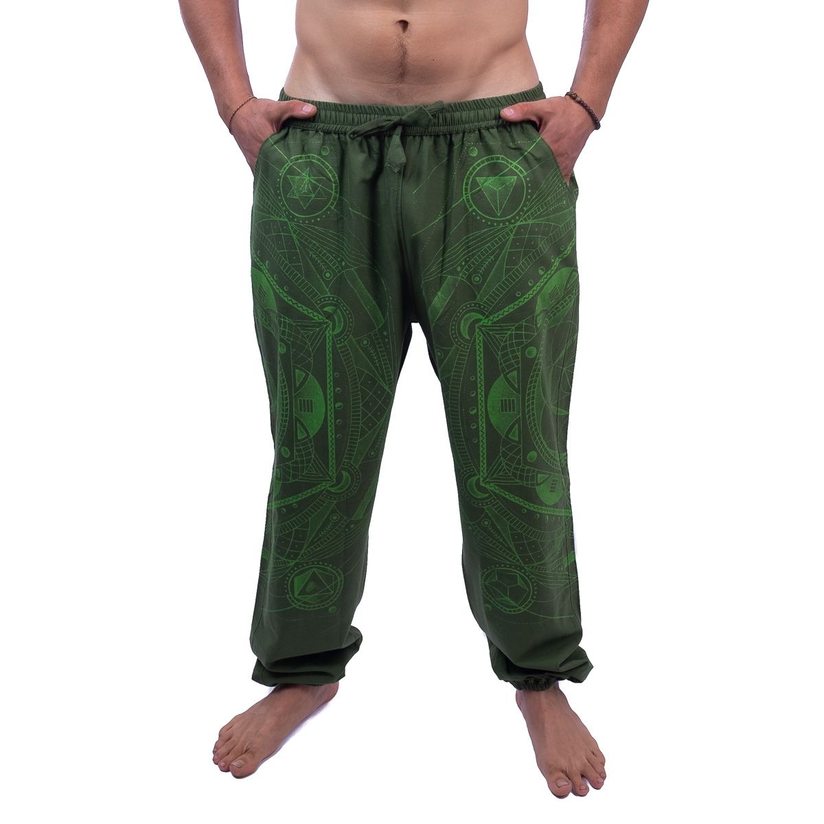 Pánské zelené etno / hippie kalhoty s potiskem Jantur Hijau Nepal
