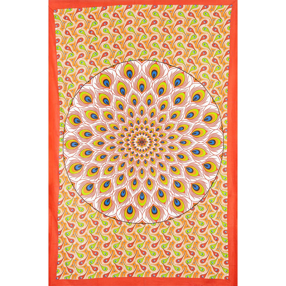 Bavlněný přehoz na postel Paví mandala – červeno-oranžový India