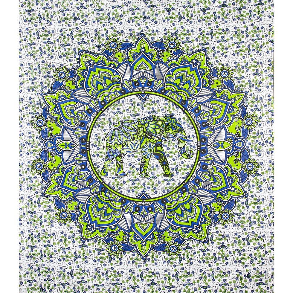 Bavlněný přehoz na postel Slon v mandale – zeleno-modrý India