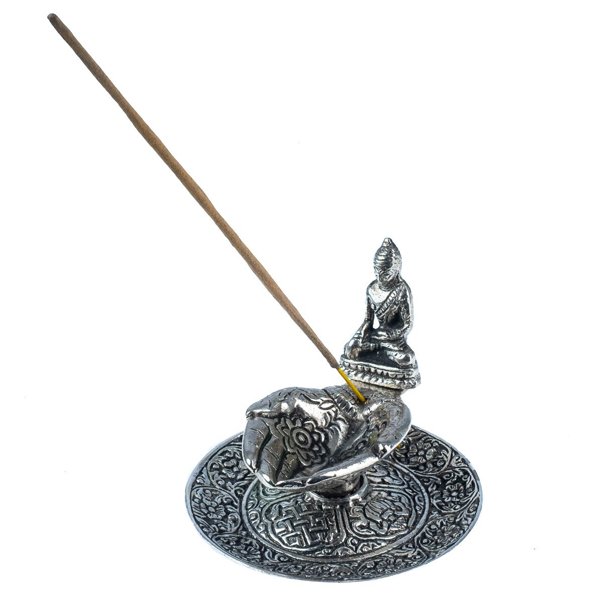Kovový stojánek na vonné tyčinky Dlaně a Buddha India