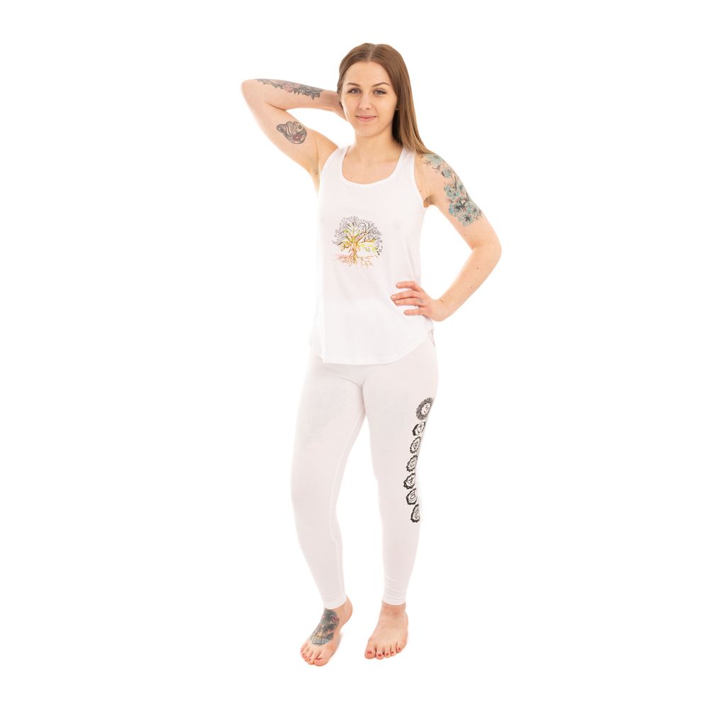 Bavlněné oblečení na jógu Strom života a Čakry – bílé - - set top + legíny S/M Nepal