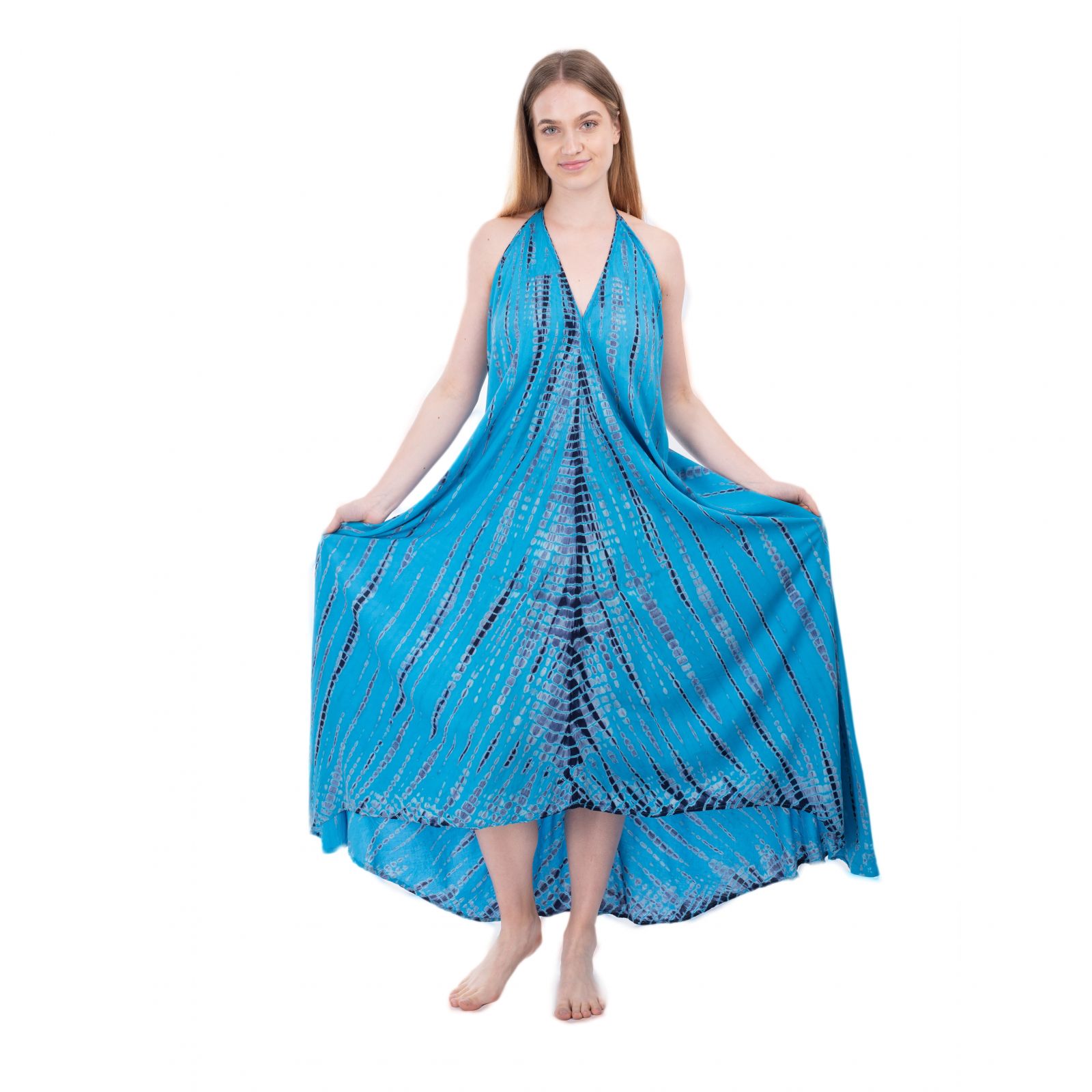 Dlouhé azurově modré batikované šaty Tripta Cyan Thailand