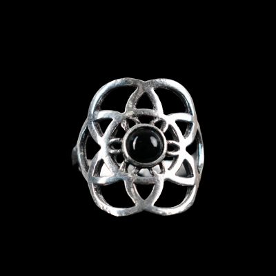 Prsten z německého stříbra s kamínkem Flower of Life Černý onyx
